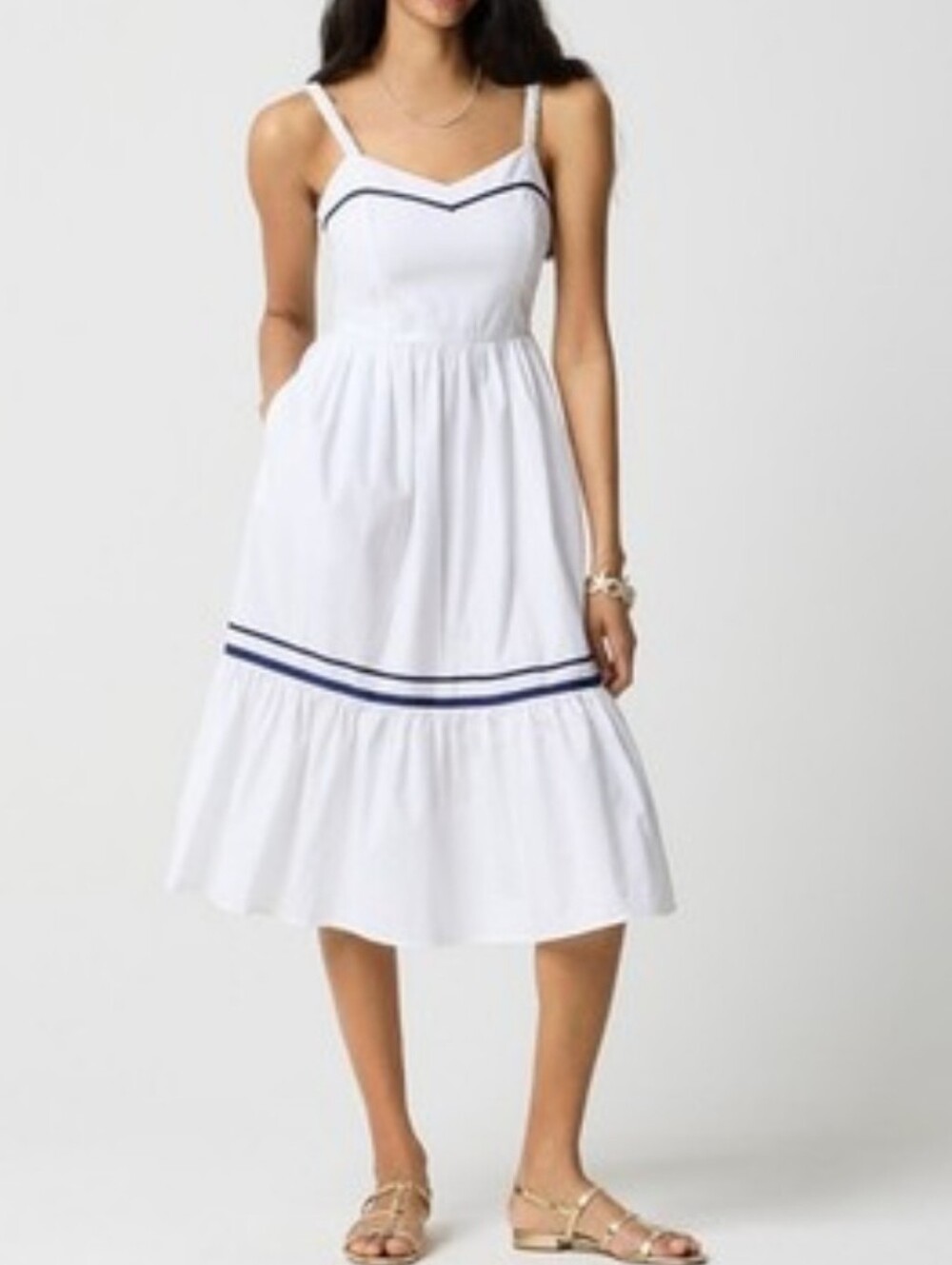 J. Crew Corset Midi Dress Cotton Poplin White Blue Sleeveless Pockets Smocked 8